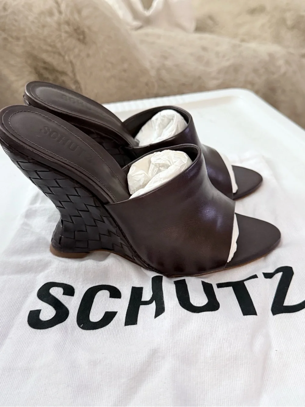 SCHUTZ Dark Brown Leather Open-Toe Mule Heels
